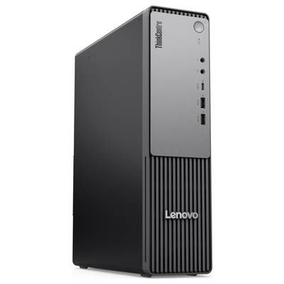 Ein schwarzer Lenovo-Desktop-Computer-Tower mit frontseitigen Anschlüssen und einem ThinkCentre-Logo, entwickelt für geschäftliche und professionelle Nutzung.