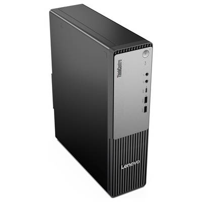 Ein Lenovo ThinkCentre Desktop-Computerturm mit einer silbernen Frontplatte, die verschiedene Anschlüsse und Tasten aufweist, steht vor einem einfarbigen Hintergrund.
