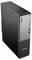 Ein Lenovo ThinkCentre Desktop-Computerturm mit einer silbernen Frontplatte, die verschiedene Anschlüsse und Tasten aufweist, steht vor einem einfarbigen Hintergrund.