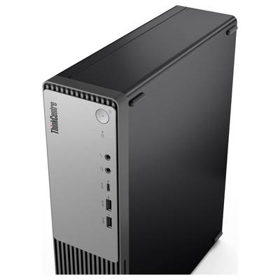 Ein schwarzer und silberner Desktop-Computerturm mit mehreren Frontanschlüssen und einem Einschaltknopf.