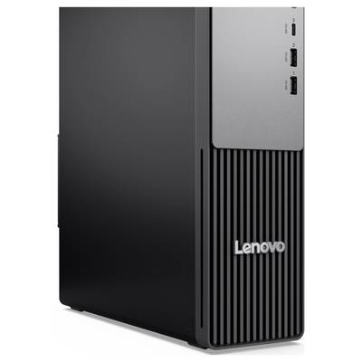 Ein schwarzer Lenovo-Desktop-Tower mit gerippter Frontplatte und USB-Anschlüssen an der Oberseite.