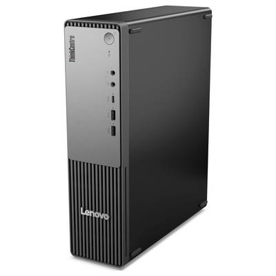 Ein Lenovo Tower-Desktop-Computer in einem schwarz-silbernen Design mit USB-Anschlüssen und Einschaltknopf an der Frontplatte.