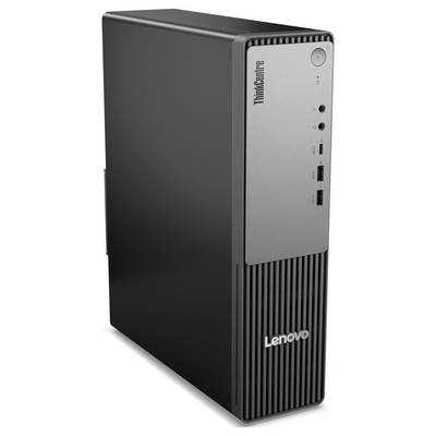 Ein schwarzer Lenovo-Desktop-Computerturm mit dem 'ThinkCentre'-Logo, der die vorderen Anschlüsse und den Powerknopf zeigt.