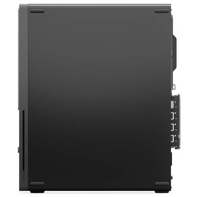 Seitenansicht eines Desktop-Computergehäuses mit schwarzer Standardausführung, bei der verschiedene Anschlüsse auf der Rückseite sichtbar sind.