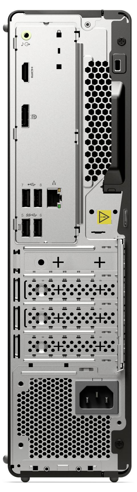Das Bild zeigt die Rückseite eines Desktop-Computer-Gehäuses mit mehreren USB-Anschlüssen, HDMI- und Ethernet-Verbindungen sowie einer Steckdose.