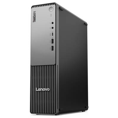 Ein Lenovo ThinkCentre Desktop-Computer-Tower mit mehreren USB-Anschlüssen, Einschaltknopf und Lüftungsgitter auf einem eleganten schwarzen Gehäuse.