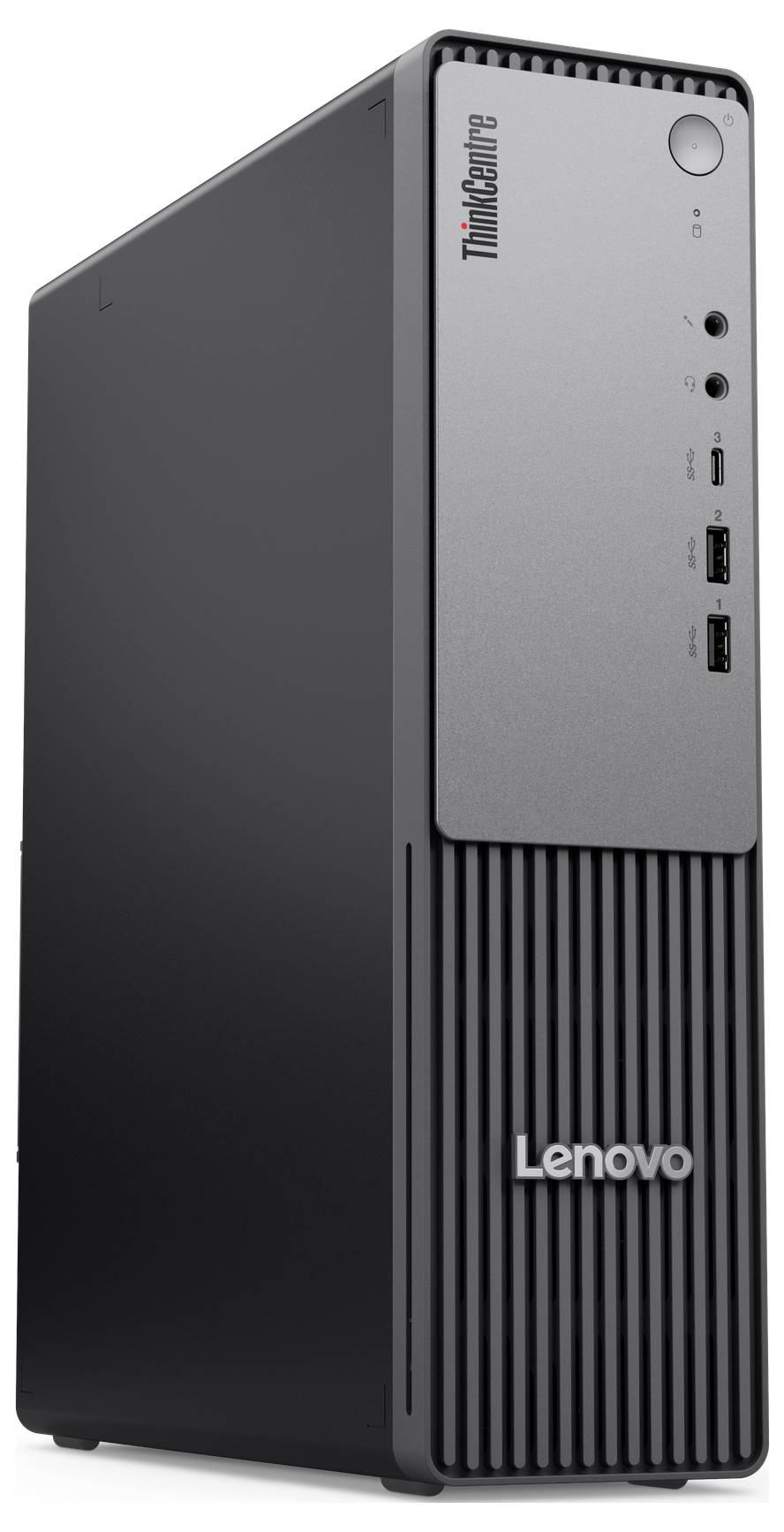 Ein Lenovo-Desktop-Tower mit silberner Frontblende, Einschaltknopf, USB-Anschlüssen und dem 'ThinkCentre'-Logo in der linken oberen Ecke.