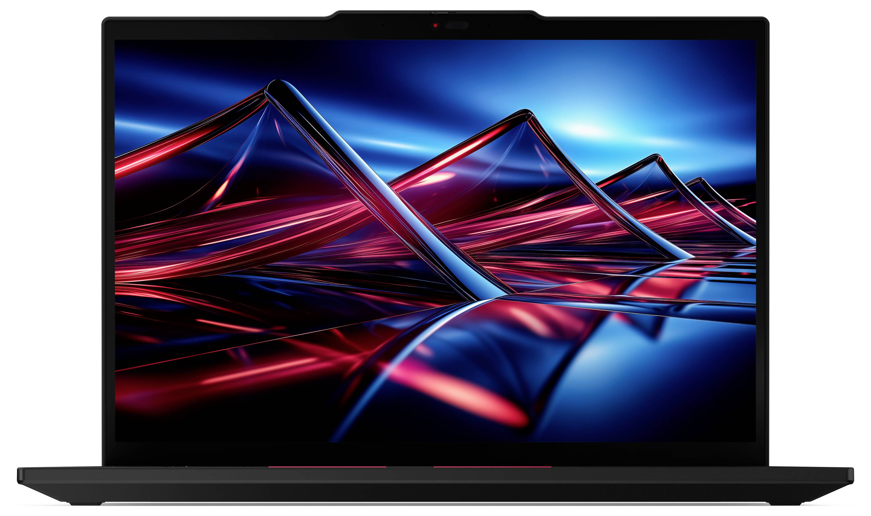 Ein Laptop, der eine lebendige digitale Kunsttapete zeigt, die sich kreuzende rote und blaue Lichtbahnen präsentiert und einen dynamischen, futuristischen Effekt erzeugt.