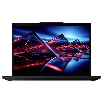 Ein Laptop, der eine lebendige digitale Kunsttapete zeigt, die sich kreuzende rote und blaue Lichtbahnen präsentiert und einen dynamischen, futuristischen Effekt erzeugt.