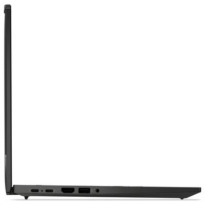 Seitenansicht eines geöffneten Laptops, bei der die Anschlüsse - HDMI, USB und Kopfhörerbuchse - auf der linken Seite zu sehen sind, was ein schlankes und minimalistisches Design widerspiegelt.