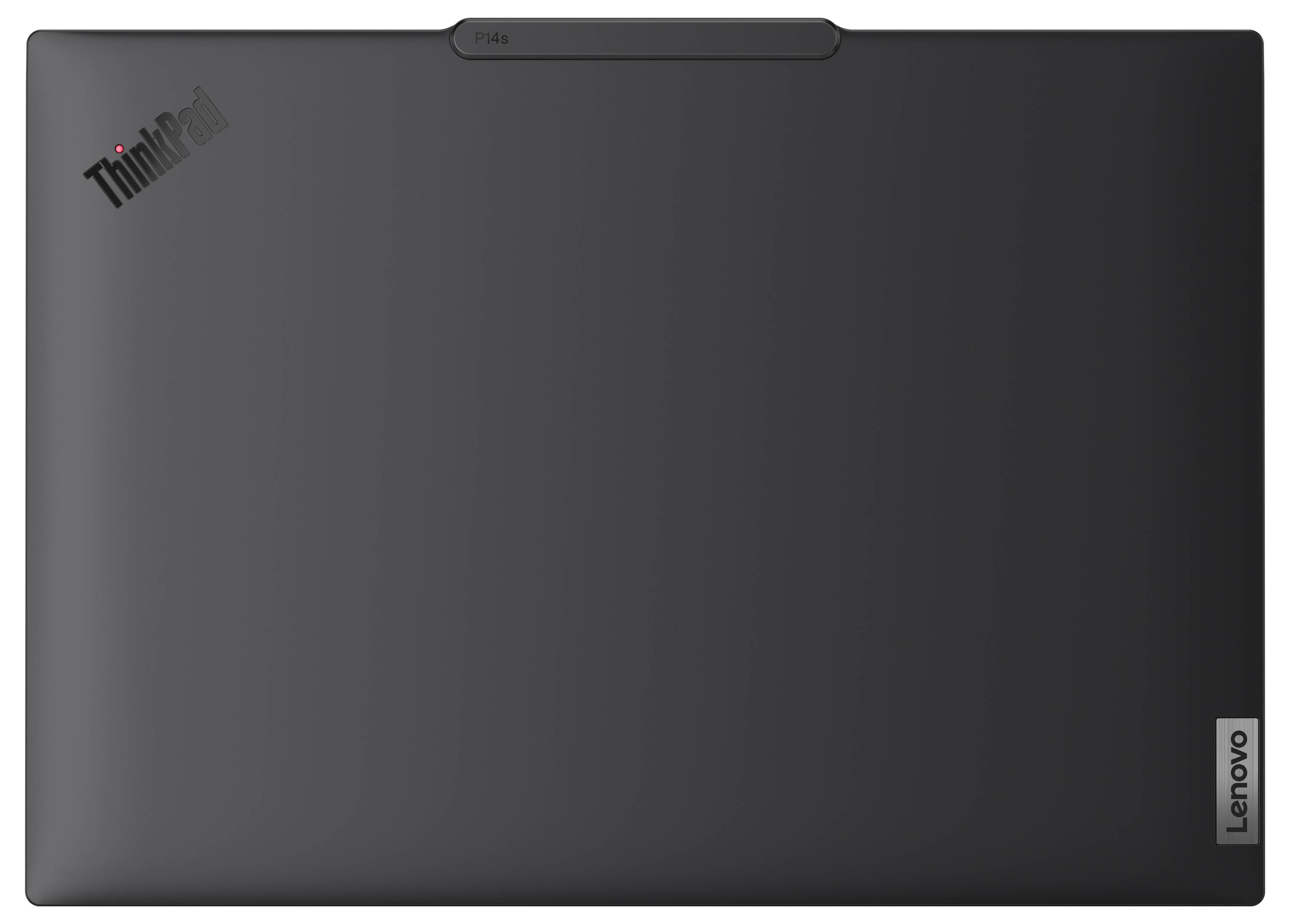 Geschlossener schwarzer Lenovo ThinkPad Laptop, Draufsicht. Logo in der oberen linken und rechten Ecke.