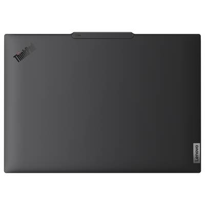 Geschlossener schwarzer Lenovo ThinkPad Laptop, Draufsicht. Logo in der oberen linken und rechten Ecke.
