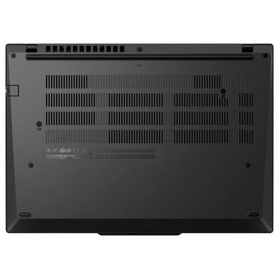 Die Unterseite eines schwarzen Laptops mit Lüftungsschlitzen und verschiedenen Sicherheitsetiketten.