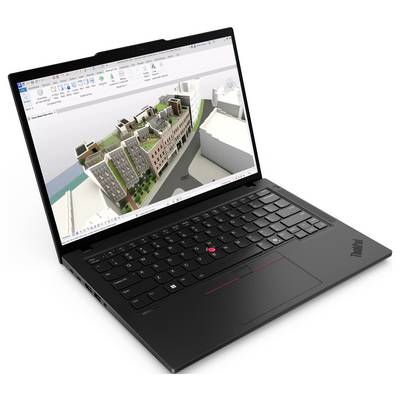 Ein schwarzer Laptop, der eine 3D-Architektur-Modellierungssoftware mit einer Gebäudedesign-Darstellung auf dem Bildschirm zeigt.