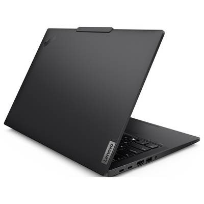 Ein schwarzer Lenovo ThinkPad Laptop, leicht geöffnet, mit Blick auf seine Tastatur und verschiedene Anschlüsse an der Seite.