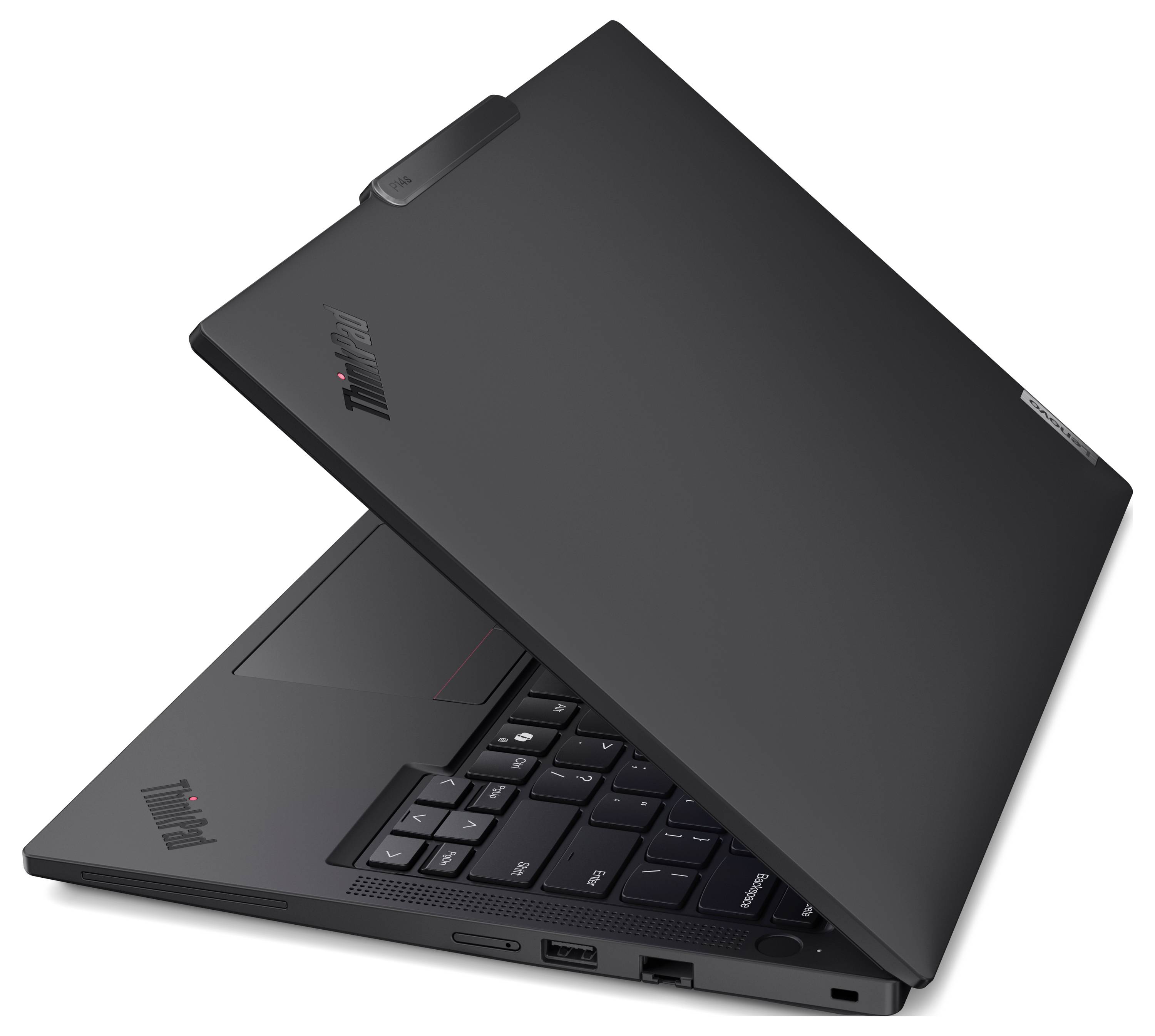 Ein schwarzer Laptop, teilweise geöffnet, zeigt seine Tastatur. Einige Anschlüsse und ein roter Trackpoint sind sichtbar, mit einem eleganten, modernen Design.