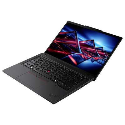 Ein schwarzer Laptop, der abstrakte rote und blaue geometrische Formen auf dem Bildschirm zeigt, vor einem weißen Hintergrund.