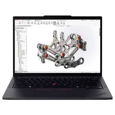 Ein Laptop zeigt eine CAD-Softwareoberfläche mit einem mechanischen Bauteilmodell, das mehrere Gelenke und hervorgehobene Verbindungspunkte aufweist.