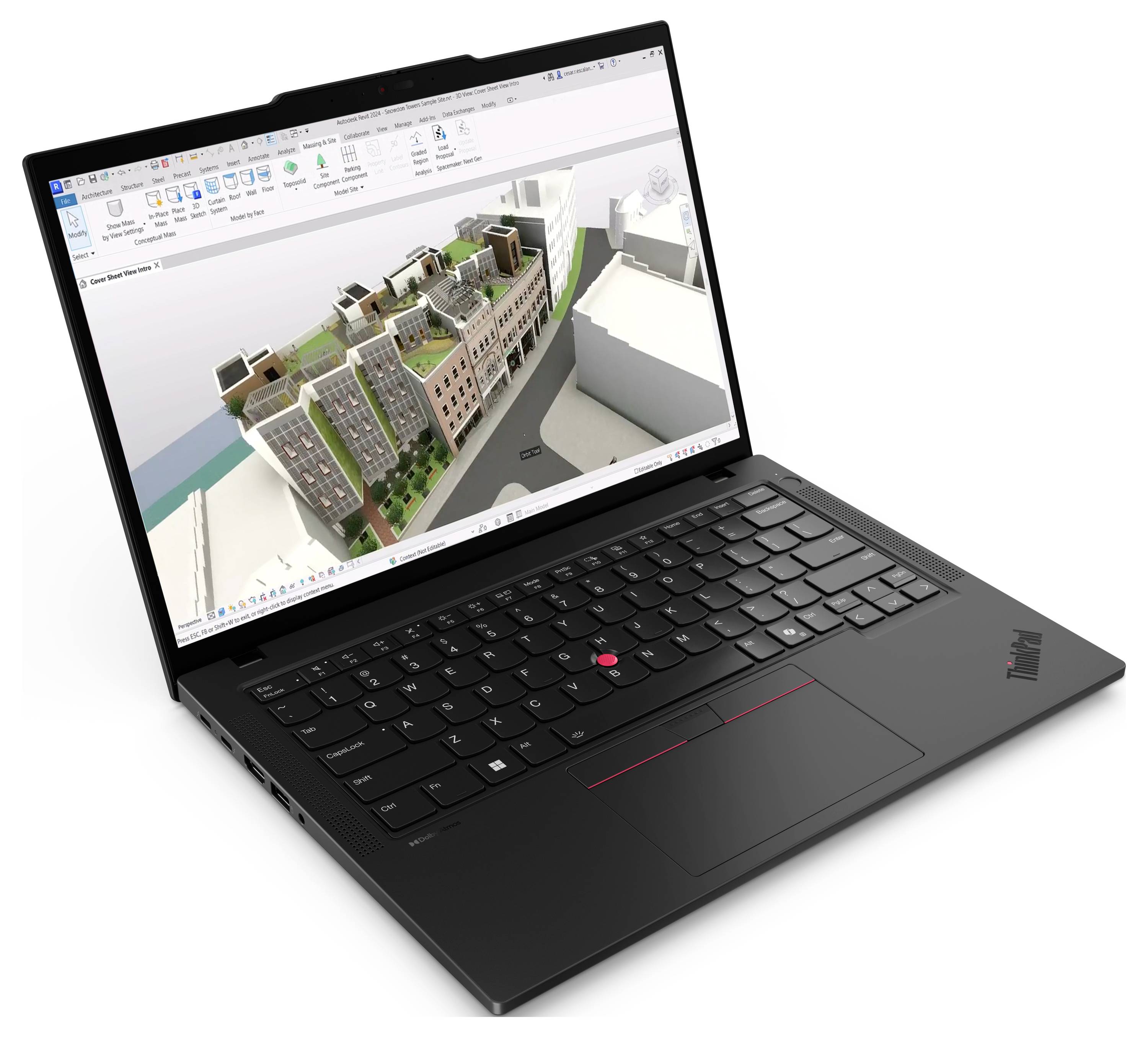 Ein Laptop, der eine Architektur-Design-Software zeigt, mit einem 3D-Modell eines Gebäudekomplexes auf dem Bildschirm.