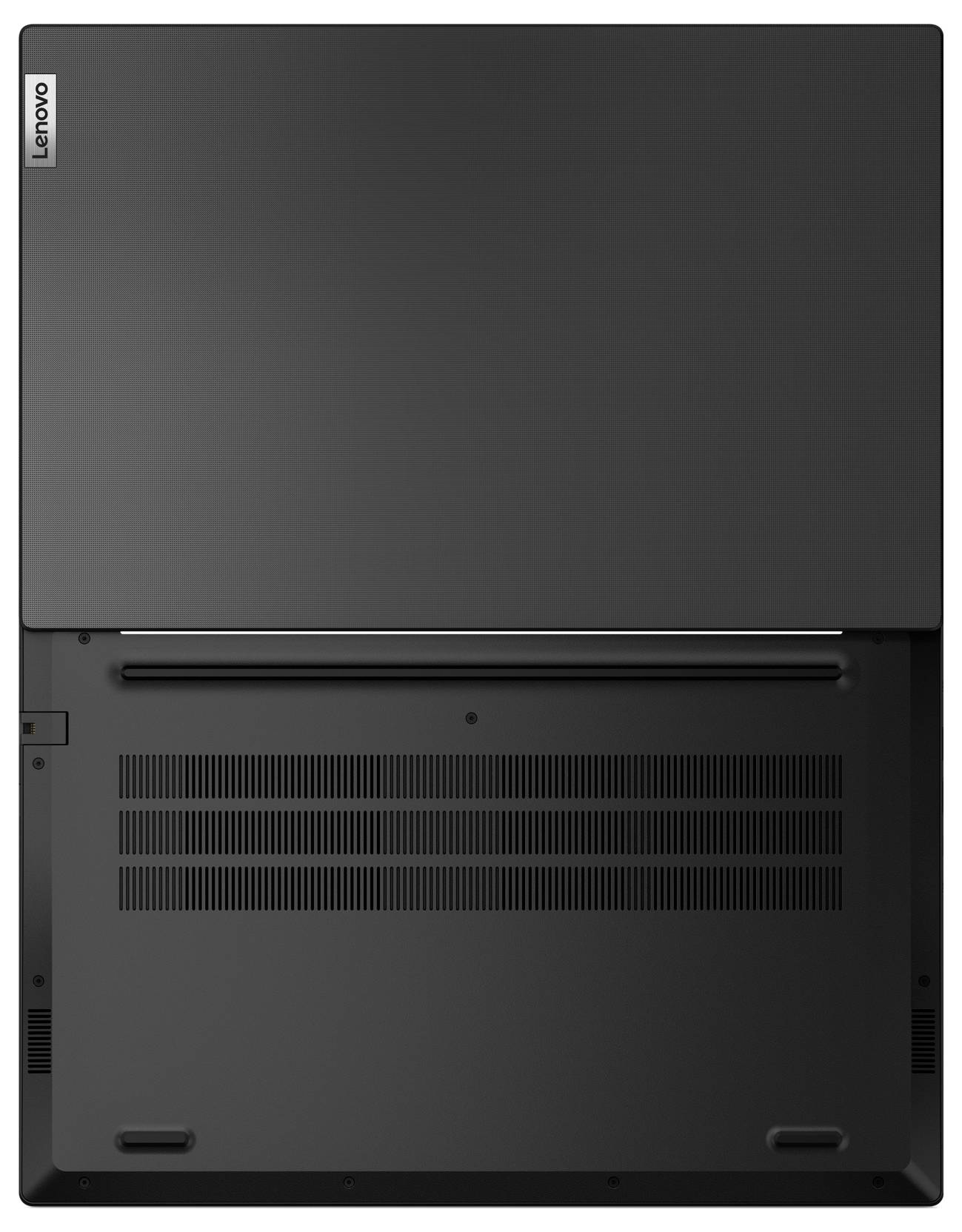Ein geschlossener Laptop aus Rückansicht, auf dem das Lenovo-Markenlogo, Lüftungsschlitze und eine schlichte schwarze Oberfläche zu sehen sind.
