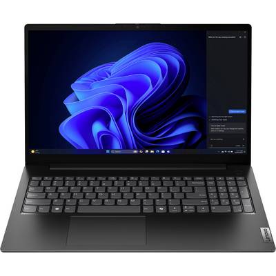 Ein Laptop, der einen Windows 11 Desktop-Bildschirm mit sichtbarem Startmenü zeigt, mit einem blauen wirbelnden abstrakten Muster als Hintergrundsbild.