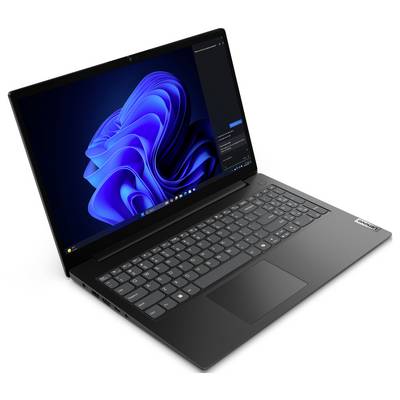 Ein schlankes schwarzes Laptop mit einem blauen abstrakten digitalen Hintergrund auf seinem Bildschirm, platziert auf einer weißen Oberfläche.