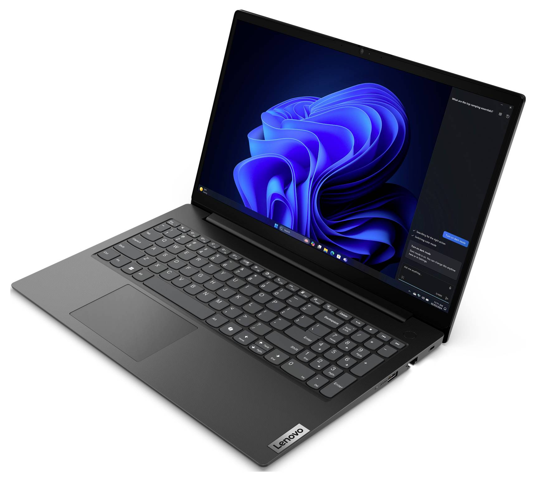 Ein schlankes schwarzes Laptop mit einem blauen abstrakten Hintergrund auf dem Bildschirm, teilweise geschlossen, mit sichtbarer Tastatur und Touchpad.