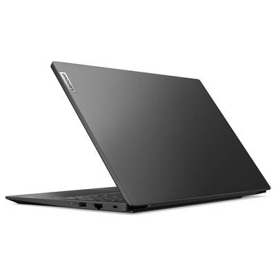 Ein schlankes schwarzes Laptop, halb geöffnet, mit dem Lenovo-Logo auf der Oberseite. Die Seitenports und ein Teil der Tastatur sind sichtbar.
