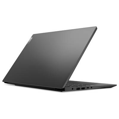 Ein schlanker schwarzer Laptop, halb geöffnet, zeigt seinen Rücken und seine Seite. Sichtbare Anschlüsse umfassen USB und HDMI, mit einem dezenten Logo auf dem Deckel.