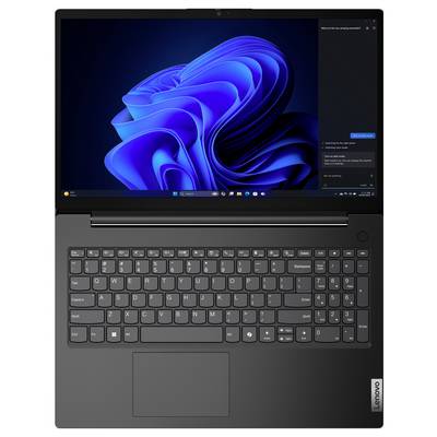 Ein Laptop, der ein blaues abstraktes Muster auf seinem Bildschirm zeigt, mit einer sichtbaren Tastatur und einem geöffneten Chat-Fenster an der Seite.