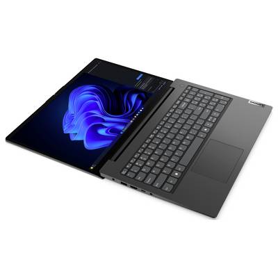 Ein offener Laptop mit einer vollständigen Tastatur und einem Scharnier, das es erlaubt, den Bildschirm flach auszulegen, der eine blaue Desktop-Benutzeroberfläche anzeigt.