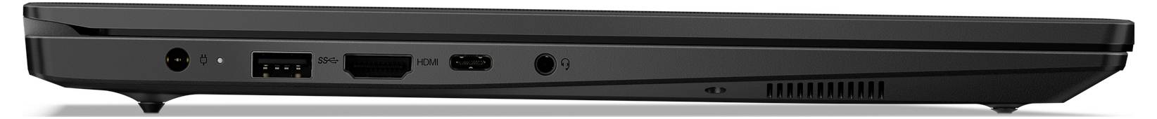 Ein schwarzer Laptop von der Seite, der USB-, HDMI- und Ladeanschlüsse zeigt.