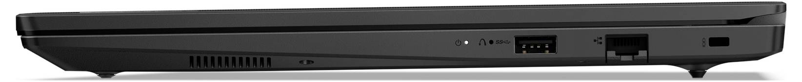 Seitenansicht eines geschlossenen schwarzen Laptops, die USB- und Ethernet-Anschlüsse, Lüftungsöffnung und sein leicht geneigtes Design zeigt.