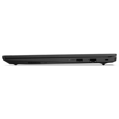 Seitenansicht eines geschlossenen schwarzen Laptops, die USB- und Ethernet-Anschlüsse, Lüftungsöffnung und sein leicht geneigtes Design zeigt.