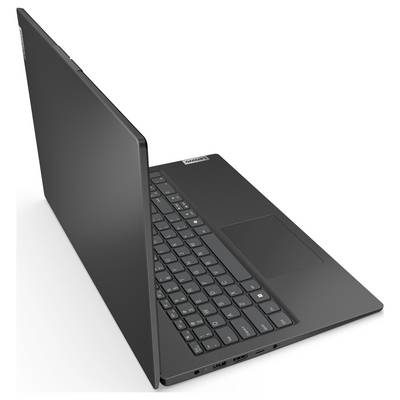 Ein geöffneter Laptop von der Seite betrachtet, der einen schlanken Körper und eine Tastatur zeigt und sein kompaktes und modernes Design präsentiert.
