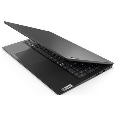 Ein schlankes, teilweise geöffnetes Laptop, das eine schwarze Tastatur und ein Touchpad zeigt, schräg positioniert, um das dünne Profil und eine Beschriftung in der Ecke zu enthüllen.