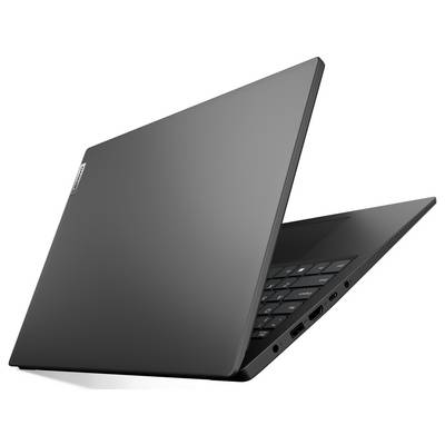 Ein schlankes schwarzes Laptop, halb geöffnet, mit seitlichen Anschlüssen und dem Lenovo-Logo auf dem Deckel.