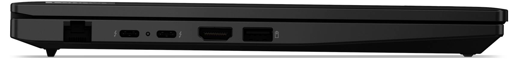 Eine schwarze Spielkonsole, von der Seite betrachtet, mit Anschlüssen für HDMI, USB und Ethernet auf dem Rückpanel.