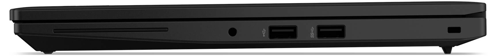 Eine Seitenansicht eines geschlossenen schwarzen Laptops, die sein schlankes Design, zwei USB-Anschlüsse und einen Kopfhörerbuchse zeigt.