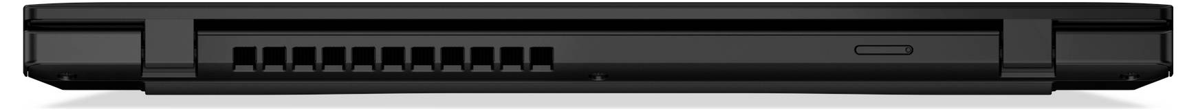 Rückansicht eines geschlossenen schwarzen Laptops mit Lüftungsschlitzen und einem einzelnen rechteckigen Anschluss an der Seite.