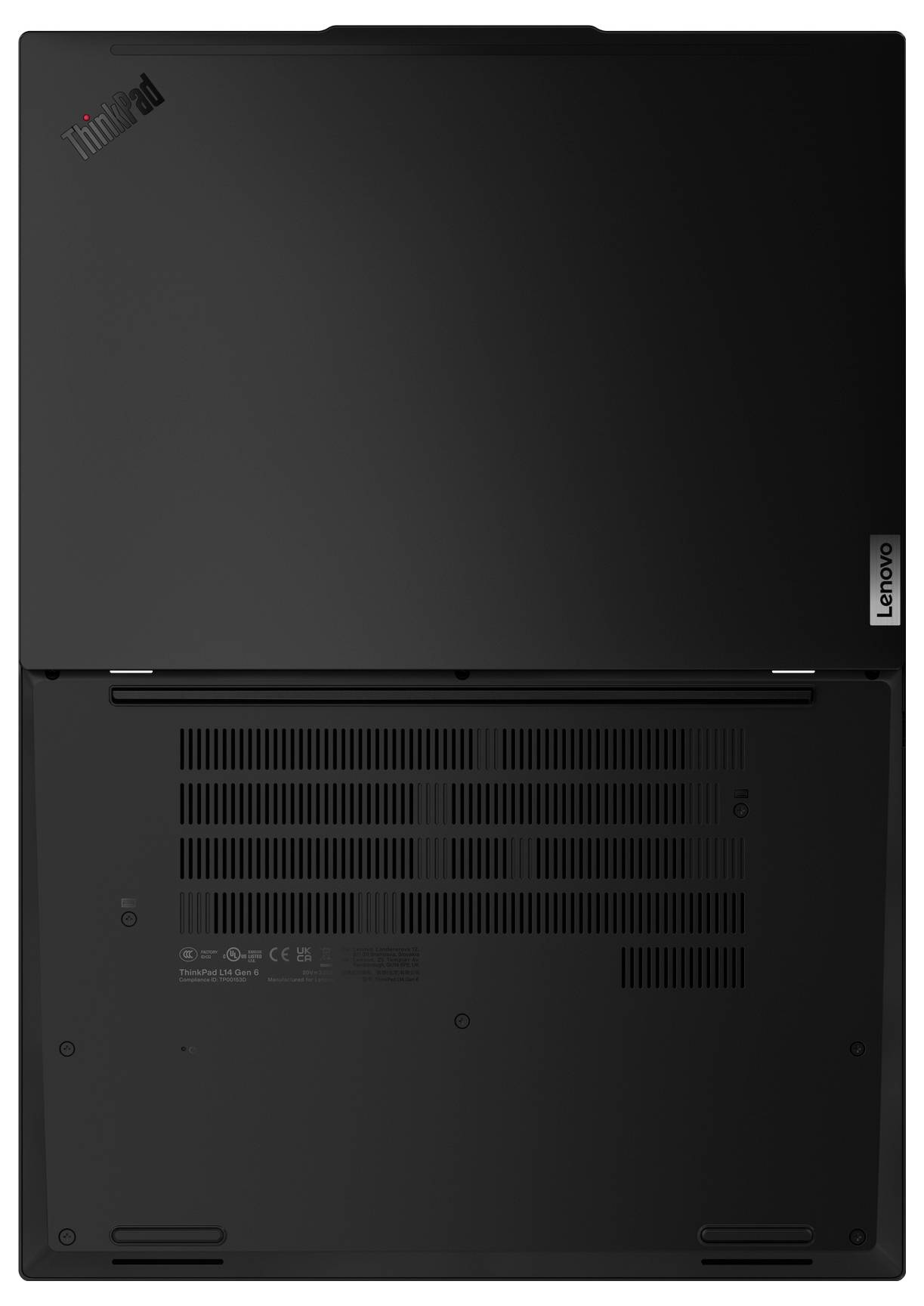 Geschlossener schwarzer Laptop, von unten gesehen, mit einem Logo und Lüftungsschlitzen.