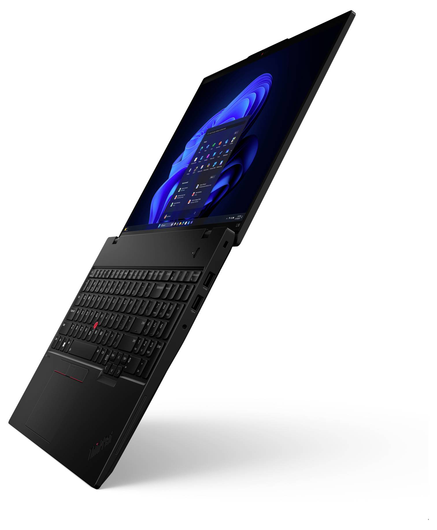 Ein schwarzer Laptop, halb geöffnet, zeigt einen Desktop mit Taskleiste und Symbolen, was darauf hindeutet, dass er eingeschaltet ist.