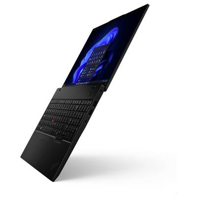 Ein schwarzer Laptop, halb geöffnet, zeigt einen Desktop mit Taskleiste und Symbolen, was darauf hindeutet, dass er eingeschaltet ist.