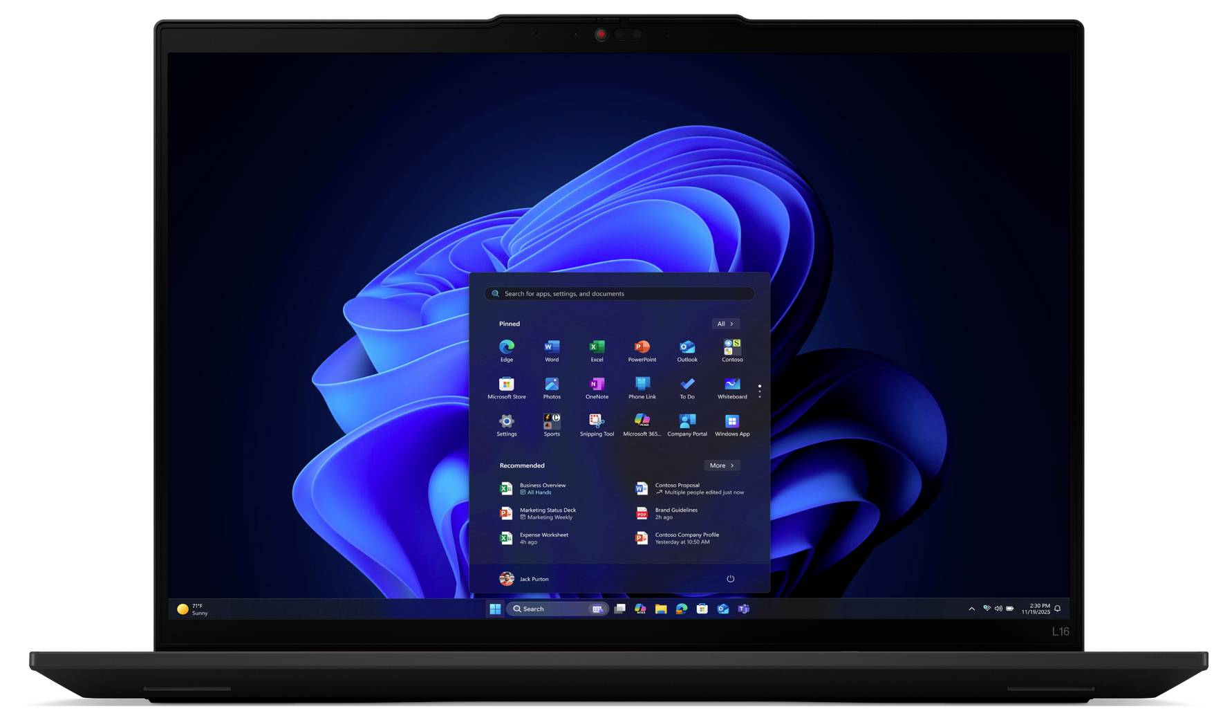 Ein Laptop mit dem Windows 11-Desktop, wobei das Startmenü geöffnet ist und verschiedene Anwendungssymbole vor einem blauen wirbelnden Hintergrund zu sehen sind.