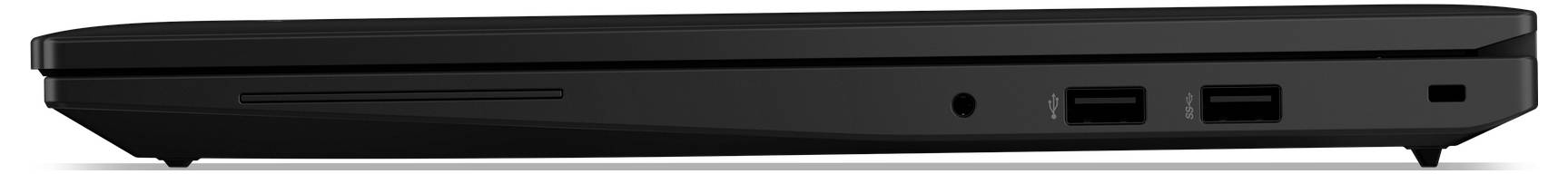 Ein schwarzer Laptop, von der Seite betrachtet, der ein schmales Profil mit zwei USB-Anschlüssen und einem sichtbaren optischen Laufwerksschlitz zeigt.