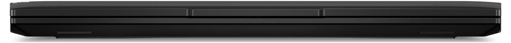 Ein geschlossener schwarzer Laptop, von vorne betrachtet.