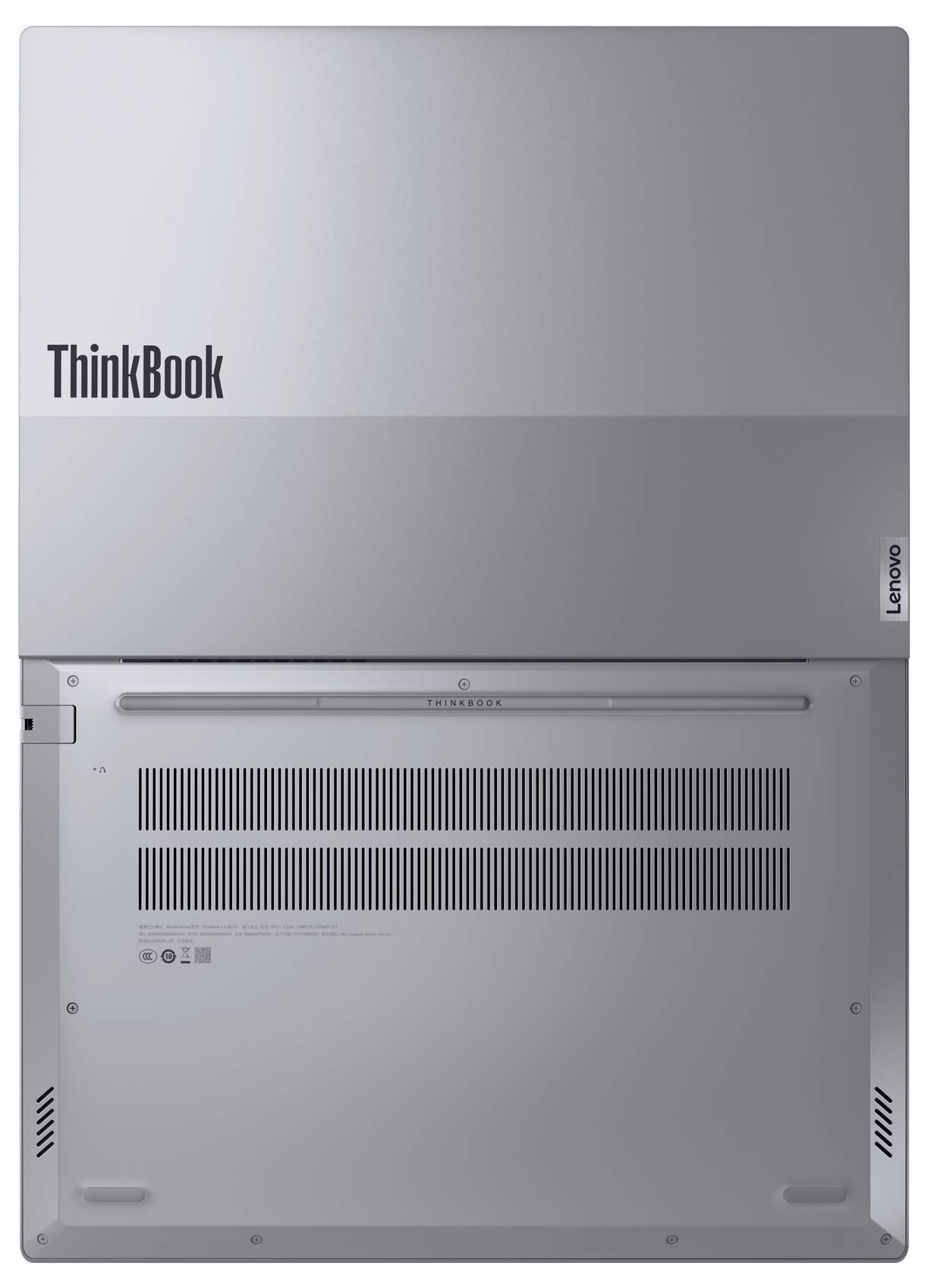 Silberner Lenovo ThinkBook Laptop, Ansicht der Rückseite mit Lüftungsdetails und Lenovo-Logo am Rand.