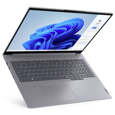 Ein Laptop mit einer teilweisen Ansicht eines lebendigen blauen, wirbelnden Designs auf dem Bildschirm, leicht schräg geöffnet, mit sichtbarer Tastatur und Touchpad.