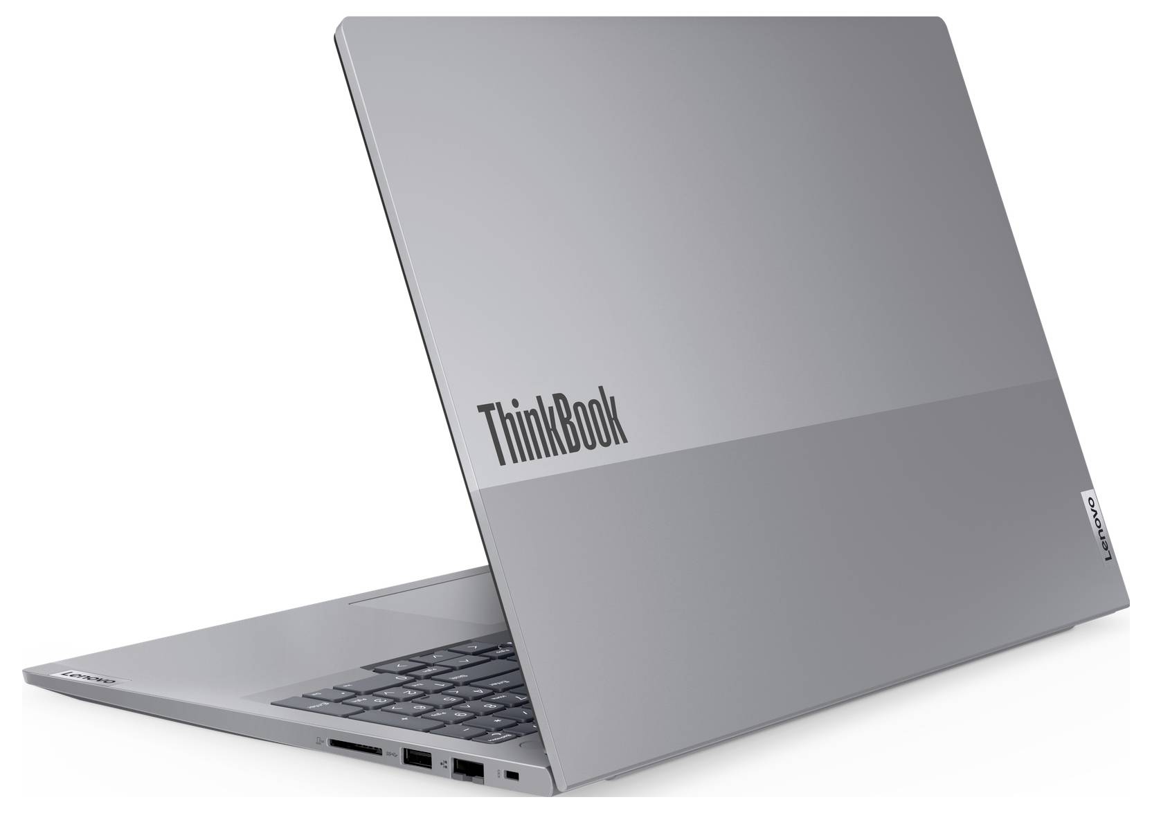 Ein schlankes silbernes Laptop, halb geöffnet, zeigt die Tastatur und den Bildschirmrand. Das Logo "ThinkBook" ist prominent auf dem Deckel platziert.