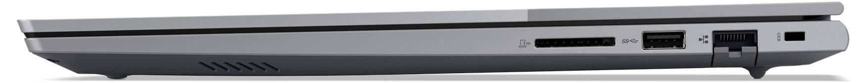 Das Bild zeigt einen geschlossenen silbernen Laptop, der von der Seite betrachtet wird und mehrere Anschlüsse wie USB, Ethernet und HDMI hervorhebt.